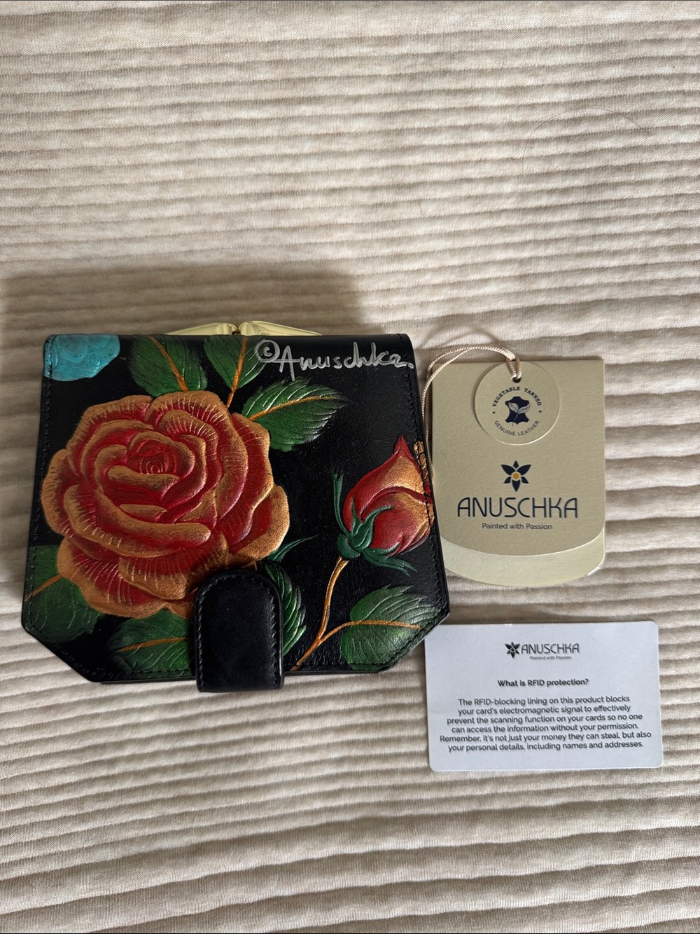 Anuschka Black Leather Wallet with Hand-Painted Red and Gold Rose